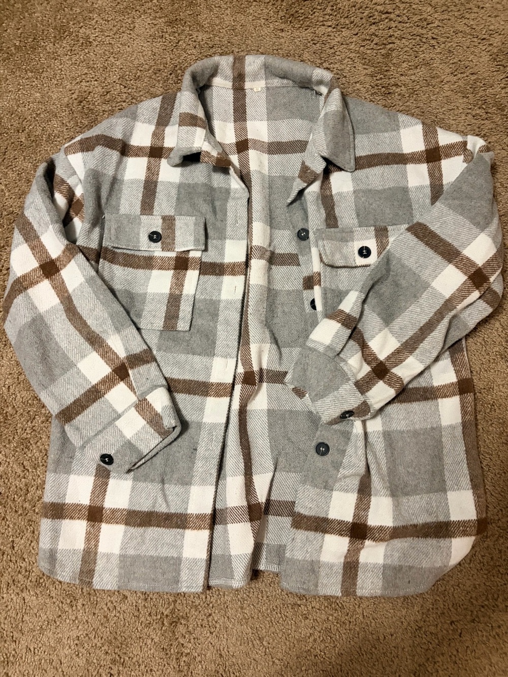 SHEIN Gray White Brown Plaid Oversized Button-Front Shacket